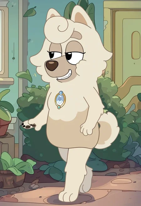 score_7_up, score_8_up, score_9, masterpiece,  high quality,
WendyBluey, female, furry female, solo, 1girl, adult, cartoon, anthro dog, dog ears, chow chow, beige fur, (black eyes), (round black eyes)
front hair curl, silver brooch, brown nose, dog tail, 
smiling, teeth, ((bedroom eyes)), (((anthro)))
walking, full body view, full body