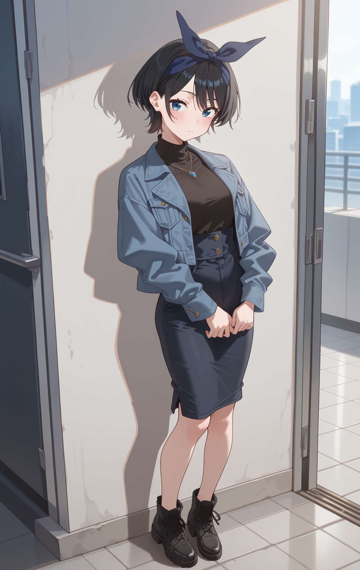 perfect quality,high quality,masterpiece,best quality,amazing quality,very aesthetic,absurdres,Cinematic Lighting,newest,Tactical use of shadow,
front view,full_shot,Wry smile,
SarashinaRukaCYQL,<lora:SarashinaRukaCYQL:1>,1girl,solo,short hair,black hair,bangs,hairband,blue eyes,Distressed denim jacket, turtleneck, midi skirt,
full body,standing,hugging_own_legs,,
cyan background,simple background,
<lora:ponyv4_noob1_2_adamW:0.6>,<lora:spo_sdxl_10ep_4k-data_lora_webui:0.6>,<lora:USNR STYLE_XL_loha:0.45>,<lora:HG2512 by CYQL:0.9>,HG2512,usnr,,