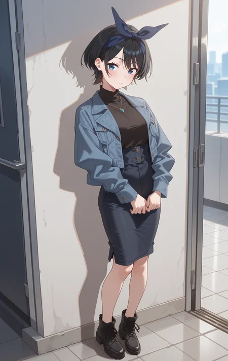 perfect quality,high quality,masterpiece,best quality,amazing quality,very aesthetic,absurdres,Cinematic Lighting,newest,Tactical use of shadow,
front view,full_shot,Wry smile,
SarashinaRukaCYQL,<lora:SarashinaRukaCYQL:1>,1girl,solo,short hair,black hair,bangs,hairband,blue eyes,Distressed denim jacket, turtleneck, midi skirt,
full body,standing,hugging_own_legs,,
cyan background,simple background,
<lora:ponyv4_noob1_2_adamW:0.6>,<lora:spo_sdxl_10ep_4k-data_lora_webui:0.6>,<lora:USNR STYLE_XL_loha:0.45>,<lora:HG2512 by CYQL:0.9>,HG2512,usnr,,
