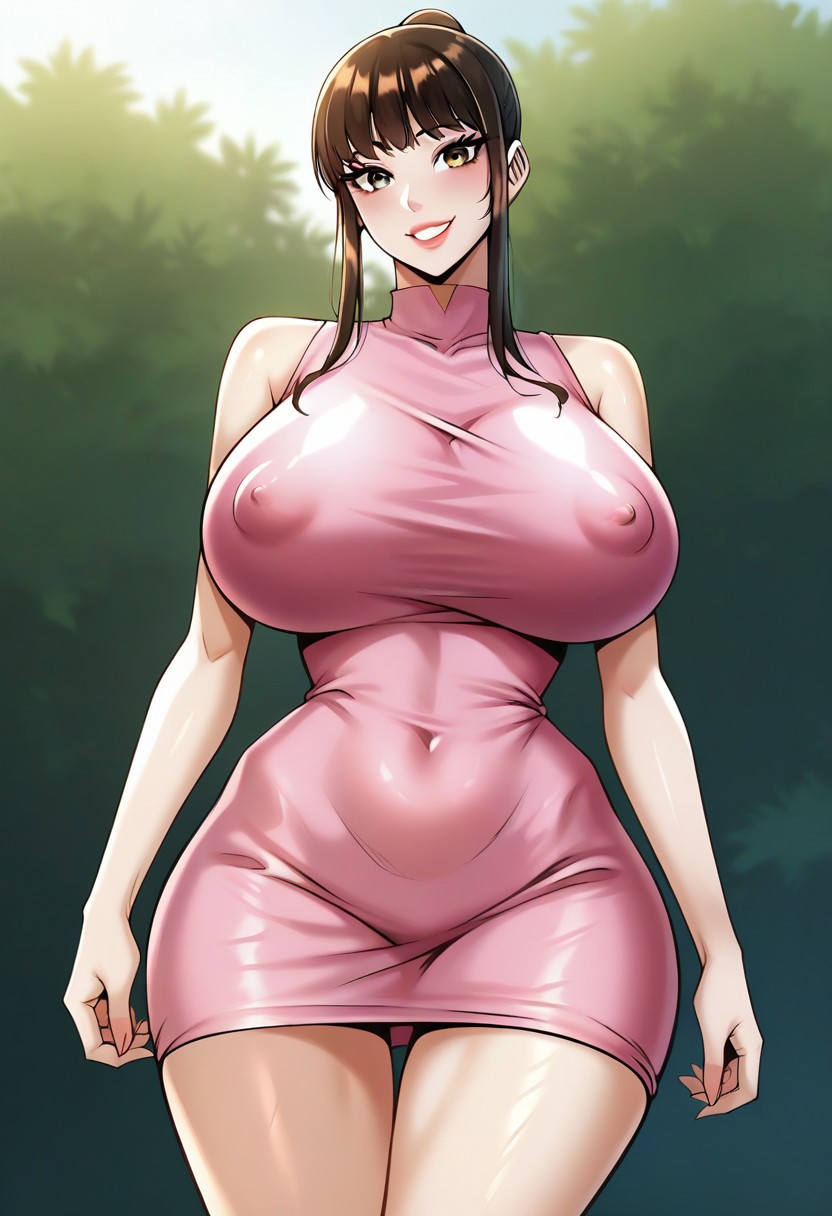 score_9, score_8_up, score_7_up, score_6__up, ryzesalt,
outdoor,afternoon,
Front view,face focus,
choiHyuna, solo, brown hair, bangs, sidelocks,huge breasts,brown eyes, pink dress, short dress,covered nipples,
standing, smiling,