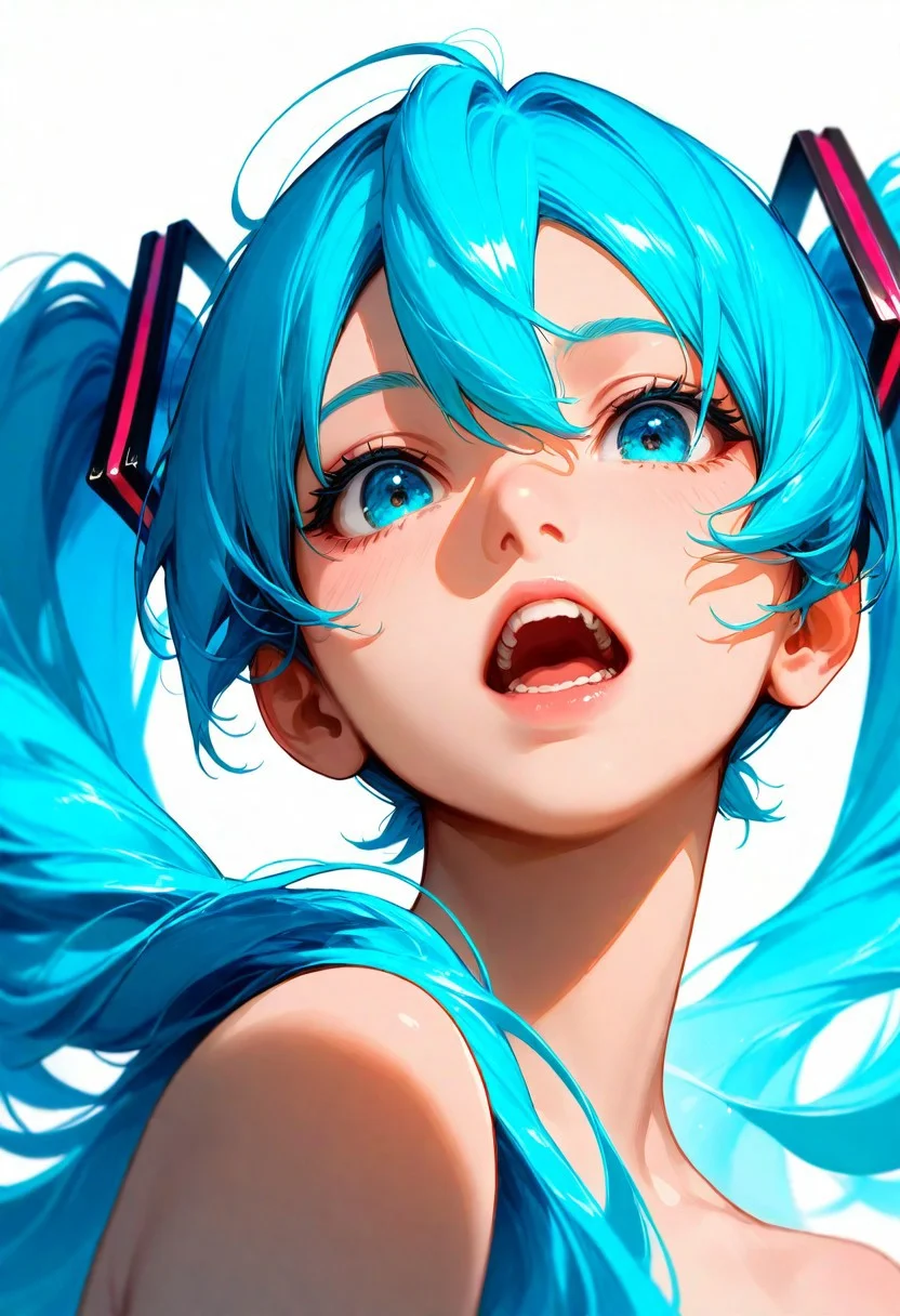 1girl, hatsune_miku, teeth, lips, thin lips, solo, looking at viewer, open mouth, upper body, masterpiece, best quality, very aesthetic