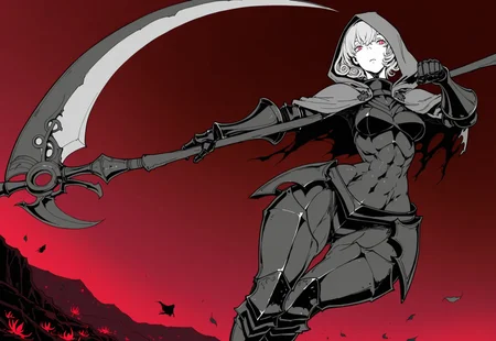 Masterpiece, high quality, ultra-detail, 8K resolution, sharp focus, 2d, (flat color, lineart, realistic),
1girl, solo,
medium breasts, narrow waist, muscular, athletic, wide hips, smooth skin,
Armored death, towering plate armor, shadow body, raised scythe, inky void, hellscape, ancient volcanoes, dynamic lunge pose, skeletal visage, eerie glow, low-angle shot, cinematic motion blur, haunting silence, steel gauntlets, swirling leaves, ominous presence, dark, tattered cloak, hooded silhouette,Moebius (Jean Giraud) Style page, 0__11Xx_illu