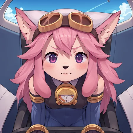 source_anime, score_8_up, score_7_up, rating_safe, a girl piloting an aircraft, chocolatsr, 1girl, furry female, dog girl, pink fur, long hair, pink hair, dog tail, body fur, purple eyes, animal ears, animal nose, bodysuit, elbow gloves, goggles on headwear, v-shaped eyebrows, (>:3:1.3), blush, (straight-on, from above:1.4), (close-up:1.2), cute, closed mouth, solo, sitting, (cockpit:1.3), piloting, pilot chair, detailed background, airplane interior, control stick, switch, buttons, (joystick:1.3), monitor, sky, cloud, embedding:zPDXL2