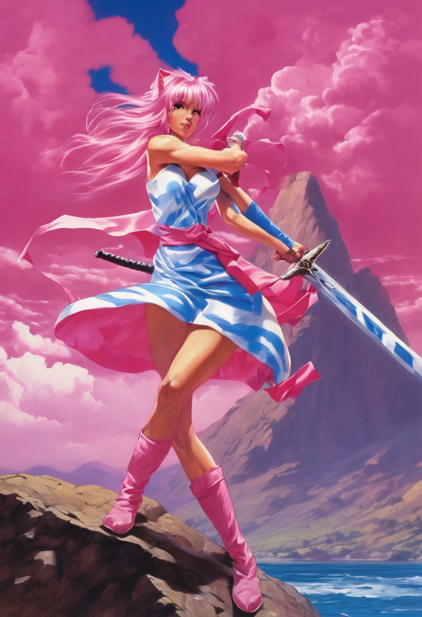 Duo, 1girl, Pink_PonyXL, ((sleeveless dress, white tiger print dress)), pelvic curtain, cleavage, ((white tiger tail)), red sash, ((white cat ears)), medium breasts, ((pink hair, long hair)), sweet smile, wide eyes, single fang showing, Break 1boy, ((link, blonde hair,blue eyes,pointy ears, low ponytail, sidelocks, wearing blue hyilian tunic)), Break, pink standing in fighting pose on a rocky hill, holding a broadsword to the sky, link posing as he looks at pink, storm clouds on the horizon, lightning strike, (((text, bold poster text reading "The Adventure of Pink", text above her))), box_art_frenzy, 1980s Nintendo box cover art, video game,
