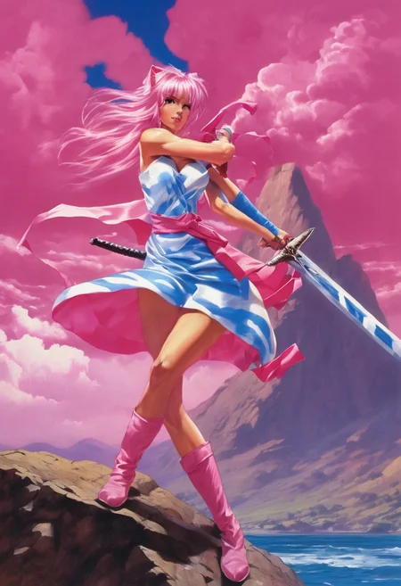 Duo, 1girl, Pink_PonyXL, ((sleeveless dress, white tiger print dress)), pelvic curtain, cleavage, ((white tiger tail)), red sash, ((white cat ears)), medium breasts, ((pink hair, long hair)), sweet smile, wide eyes, single fang showing, Break 1boy, ((link, blonde hair,blue eyes,pointy ears, low ponytail, sidelocks, wearing blue hyilian tunic)), Break, pink standing in fighting pose on a rocky hill, holding a broadsword to the sky, link posing as he looks at pink, storm clouds on the horizon, lightning strike, (((text, bold poster text reading "The Adventure of Pink", text above her))), box_art_frenzy, 1980s Nintendo box cover art, video game,