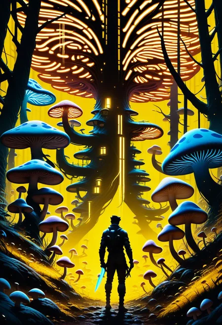 score_9, score_8_up, score_8, zPDXL,
BREAK,
scifi, yellow glow, stripes, mushroom forest, 1boy, standing, weapon, male focus, outdoors, sky, from behind, tree, night, building, mushroom, ambiguous gender, yellow theme,