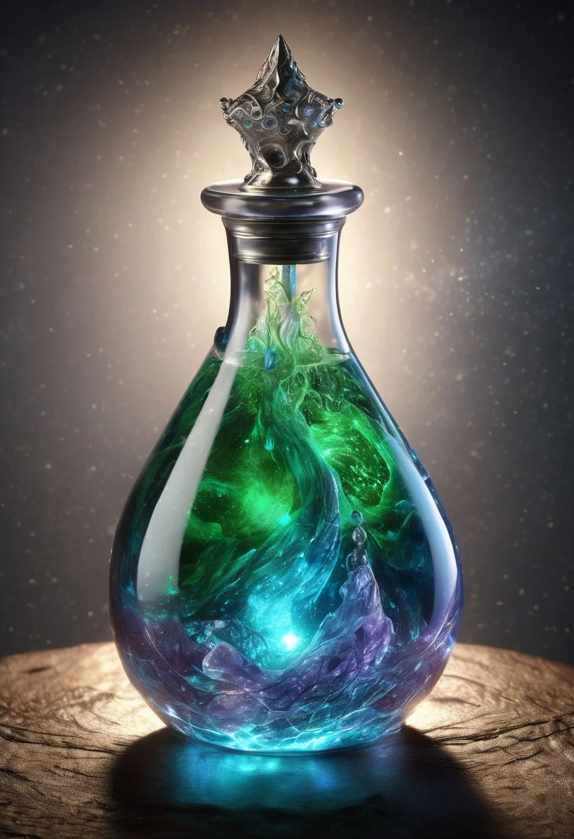 Score_9, Score_8, high_def, highest quality, 4k, best quality, masterpiece, focused, defined, Photorealistic magic potion, intricate glass bottle, elixir, vibrant green and blue colors, ethereal light, wax seal, flashy lights, magic lights, luminous, dynamic reflections, magical aura, highly detailed, fantasy essence, glowing particles, radiant aura, made of sparkling amethyst crystals