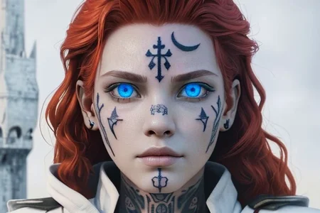 bright red hair, human female, (feminine:1.7), (beautiful face, detailed face:1.6), (beautiful eyes, detailed eyes:1.7), (looking at viewer, eye contact, intense:1.6), (long hair, red hair, curly hair:1.3), , ((masterpiece, best quality, high resolution, realistic, best quality,)), photo realistic, Perfect Face, (detailed face). <lora:GoodHands-vanilla:0.6> <lora:add-detail-xl:0.8>, mage, (Dress White military uniform coat), dagger, rune dagger, glowing runes, , (((glowing magic symbols tattoos, religious tattoos))), ((face tattoos)), glowing tattoos, stone tower in the background