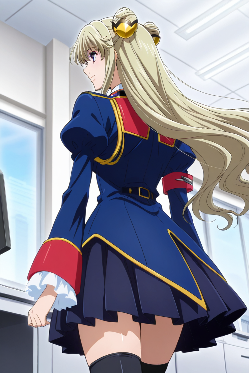 <lora:leila_malcal_CGA_illus:1>leila malcal, military uniform, hair accessories, 1girl, solo, long hair, blue eyes, pleated skirt, blonde hair, very long hair, purple eyes, necktie, office, hair bun, double bun,  cheerful, smile, cowboy shot, standing,   <lora:Add_more_details_pony:0.8> black stocking, zettai ryouiki, from below, proportional body, from behind,