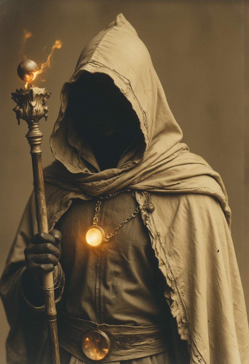 The image is a grainy, sepia-toned analog photograph from the early 20th century, capturing a mysterious fantasy warrior. The subject is a AmanoER hooded figure, cloaked in a worn, beige-brown robe, frayed at the edges, with faint, hand-stitched ornate patterns visible in the folds. The hood shadows most of their face, leaving their identity unclear. In their left hand, they clutch a weathered wooden staff with a faintly glowing, fiery gem at its tip, casting a warm, dim light that subtly brightens the figure's chest. The lighting and wear give the photograph an aged, nostalgic feel.