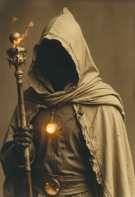 The image is a grainy, sepia-toned analog photograph from the early 20th century, capturing a mysterious fantasy warrior. The subject is a AmanoER hooded figure, cloaked in a worn, beige-brown robe, frayed at the edges, with faint, hand-stitched ornate patterns visible in the folds. The hood shadows most of their face, leaving their identity unclear. In their left hand, they clutch a weathered wooden staff with a faintly glowing, fiery gem at its tip, casting a warm, dim light that subtly brightens the figure's chest. The lighting and wear give the photograph an aged, nostalgic feel.