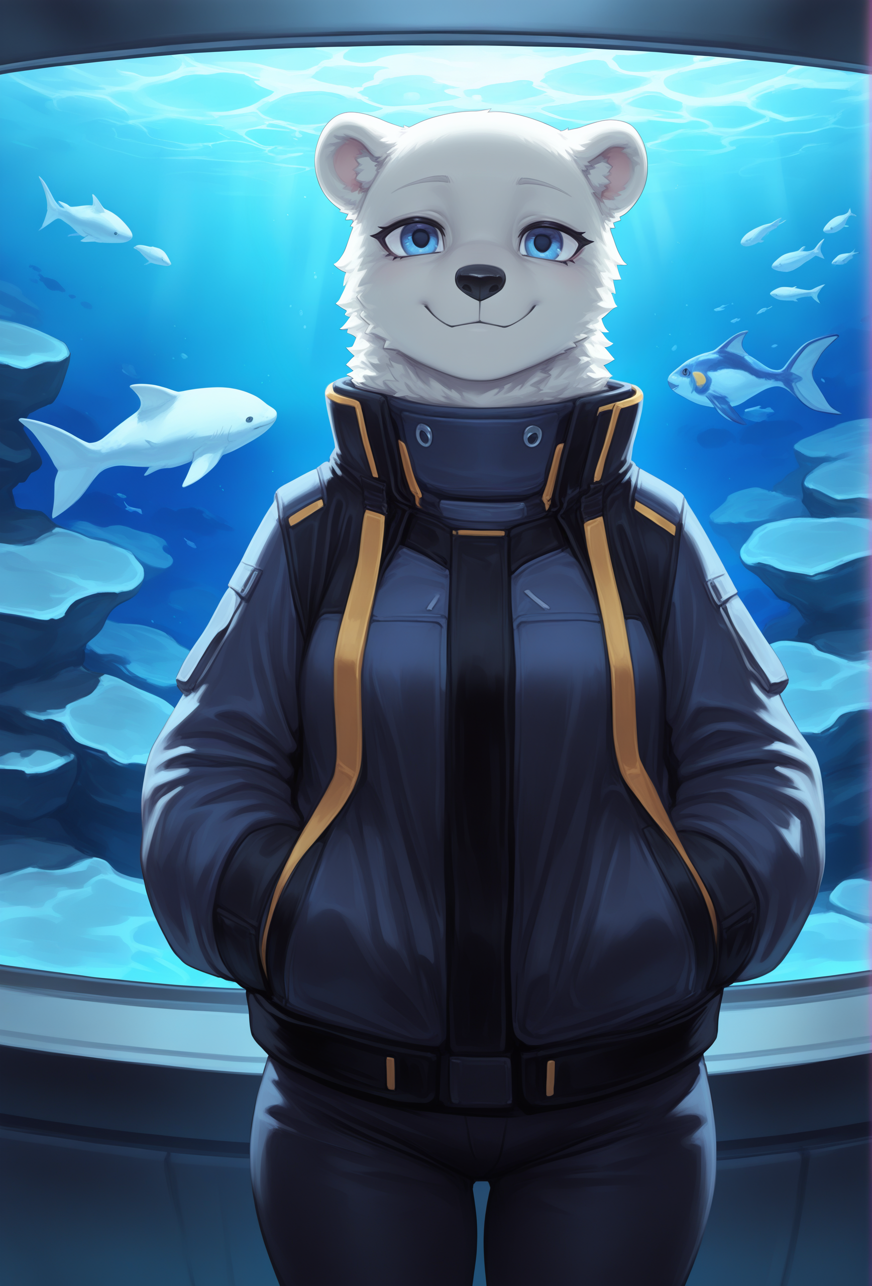 (masterpiece, best quality, very aesthetic, absurdres:1.2), 1girl, furry, science fiction, aquarium, polar bear, straight-on, jacket, looking at viewer, smile, <lora:maxmushroom_style_illustrious_v1f:1> maxmushstyle, blue eyes