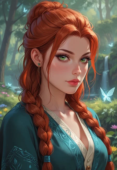 score_9, score_8_up, score_7_up, 1girl, solo, mystical druid, flowing robes with nature-inspired patterns and earthy tones, ancient wooden staff with carved runes and a glowing crystal at the top, long braided auburn hair adorned with flowers and leaves, realistic, cinematic angle, cinematic lighting, graceful body, wise face, deep green eyes, meditative pose
BREAK
standing in a sacred grove surrounded by ancient trees
BREAK
source_fantasy_art, rating_explicit, expressive, full body, elegant pose
BREAK
detailed beautiful background, enchanted forest with towering ancient trees and lush undergrowth, glowing mushrooms and luminescent plants, mystical creatures such as fairies and woodland spirits, distant mountains with waterfalls, serene atmosphere with a sense of harmony and magic
<lora:Expressive_H:0.6>Expressiveh, (SimplepositiveXLv1:1.3), (upper body, full clothed:1.85) ((masterpiece)) (ultra realistic, 32k, masterpiece:1.2), (high detailed skin:1.1), (high quality:1.1) (((full clothed))) <lora:DandonFuga_Style_v.2_-_Pony:0.8> 
<lora:add-detail-xl:1> 
<lora:Dynamic Poses:1>