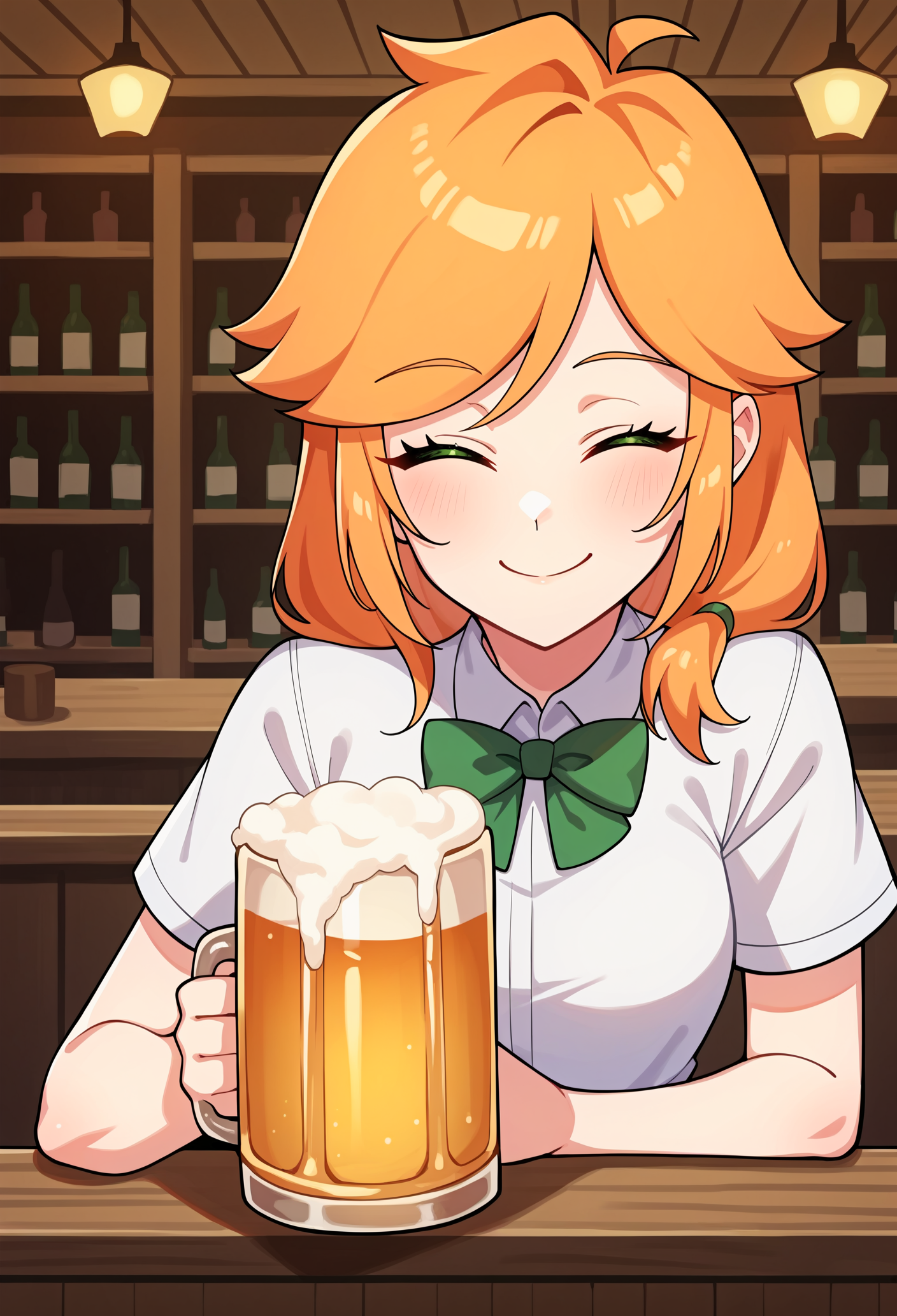 score_9, score_8_up, score_7_up, score_6_up, score_5_up, score_4_up, source_anime, 1girl, solo,  <lora:Alex_Moja:1> mmalex, orange hair, green eyes,  white shirt, short sleeves, green bowtie, plaid miniskirt, green miniskirt, happy, closed mouth, looking at viewer, holding beer, smile, closed eyes, bar, tavern, boobs focus