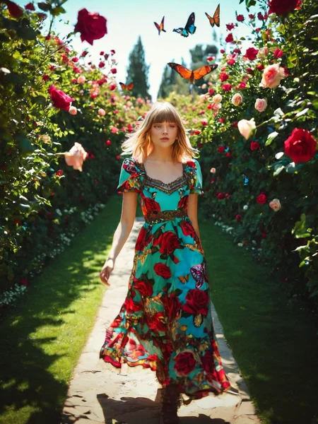 Cinematic fashion photograph Adeera_Addams_P_MXAI_SDXL , serene expression, wearing an elegant colorful summerdress, walking through an ornate rose garden, noon, summer, colorful butterflies, ((cowboy shot)), PA7_Portrait-HL_v2