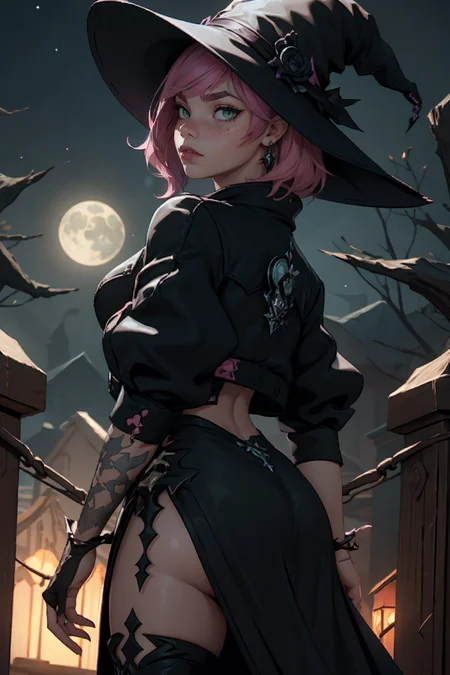 highres, masterpiece, perfect lighting, night, dark, bloom, cinematic lighting, adult, female, looking at viewer, cowboy shot, from behind, (RSEEmma:1.5),<lora:RSERomantic_RSESofiko_RSEEmma-v1:0.3>, <lora:XIVStreetJacket_v20:0.8> xivstreetjacket <lora:edgBlackMage:0.8> edgBlkMage, wearing edgBlkMage, black hat, side-swept bangs, pink hair, green eyes, thick eyebrows, freckles,moonlight, enchanting, witchy, mystic, trendy, edgy, spellbinding, confident, dark elegance, magical, accessorized, bewitching, contemporary, alluring, glamour, mystical jewelry,