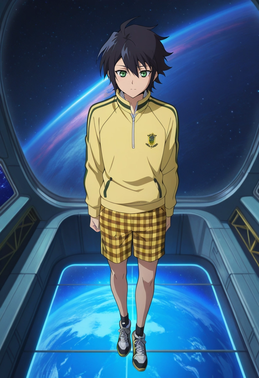 masterpiece, best quality, intricate details, anime screencap, anime coloring, official style, , 1boy, solo, male focus, <lora:yuuichirou_hyakuya_ilxl:0.9>, yuuichirou_hyakuya, black hair, green eyes, short hair, hair between eyes, ahoge, , space station, earth view, star field, observation deck, floating pose, peaceful expression, space lighting, Gingham Rugby shorts, Toile Dark yellow Track sweatshirt, Chukka sneakers, Visor,