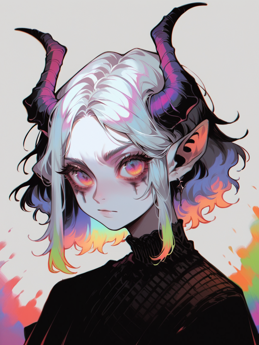 score_9, score_8_up, score_7_up, score_6_up, <lora:1r3gl1XLP:0.8> 1r3gl1, trippy, 1girl, horns, multicolored hair, multicolored eyes, upper body