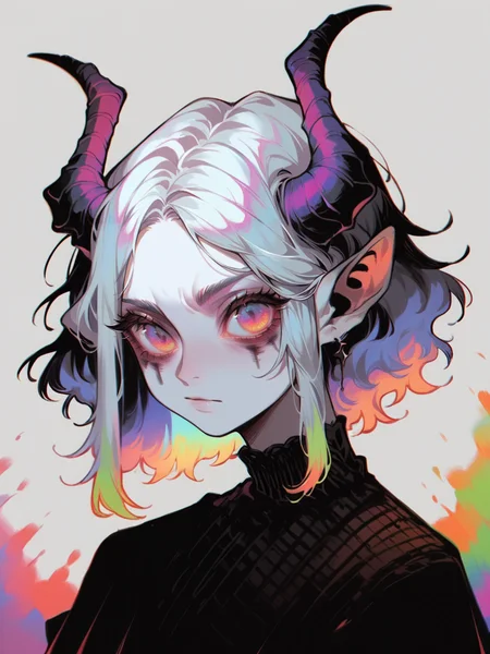 score_9, score_8_up, score_7_up, score_6_up, <lora:1r3gl1XLP:0.8> 1r3gl1, trippy, 1girl, horns, multicolored hair, multicolored eyes, upper body