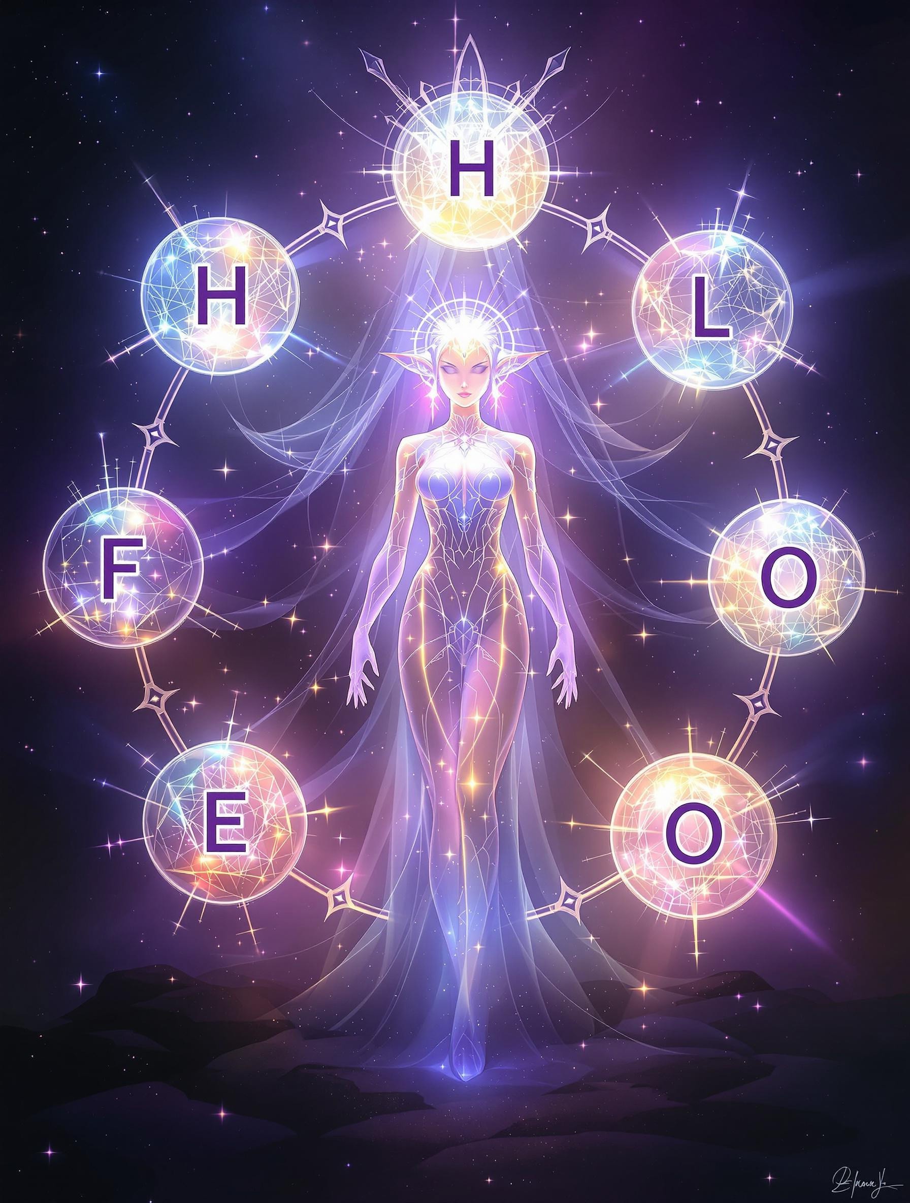 7 bioluminescence translucent entities they are,
A Bioluminescence translucent Hydrogen God - H (Atomic number 1)
A Bioluminescence translucent Helium Goddess- He (Atomic number 2)
A Bioluminescence translucent Lithium God - Li (Atomic number 3)
A Bioluminescence translucent Beryllium Goddess- Be (Atomic number 4)
A Bioluminescence translucent Boron elf - B (Atomic number 5)
A Bioluminescence translucent Carbon/humanoid - C (Atomic number 6)
A bioluminescence translucent Nitrogen/demon - N (Atomic number 7)
Oxygen - O (Atomic number 8)
Masterpiece, 32k, 16k, 8k,
