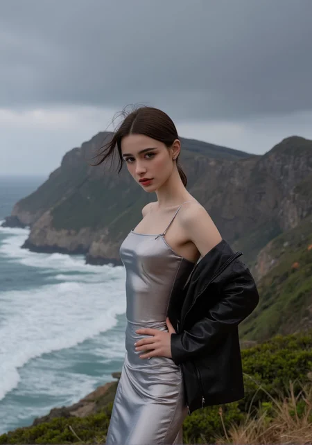 18yo 1girl her face is very delicate,skin naturally showing the texture of blood vessels and detailed pale skin,
<lora:Dasha_Taran_majicf1_rank2_bf16:0.8>,she is Dasha Taran,looking at viewer, At the dramatic cliffs of Cape Point in South Africa, a girl with sharp features and a confident demeanor stands against the wind. She wears a form-fitting, metallic silver evening gown that reflects the harsh, natural light, paired with a sleek, black leather jacket. Her hair is blown back by the strong sea breeze as she looks out at the crashing waves. The scene is set under a stormy sky, with dark clouds gathering and the first raindrops beginning to fall. The image is captured in a hyper-realistic style, emphasizing the reflective surface of her dress and the wild, untamed beauty of the landscape.