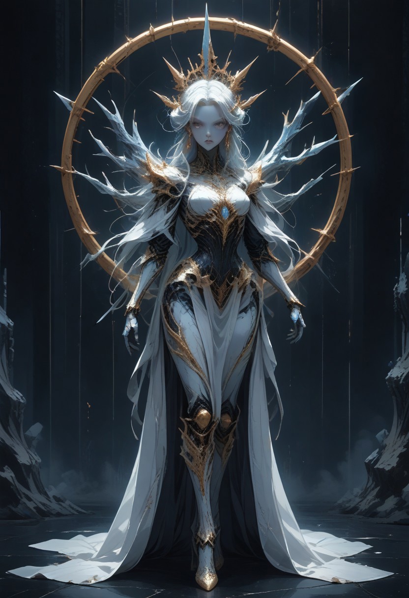 (((point of view from the side))), (walking away from pov), tall stiletto heels, smart person, (white and gold porcelain royal celestial clothes), blue crystal details in armor, crystal ornate earrings, crystal jewelry, ornate gold crown, ornate gold dainty details fractal armor, flowing white fractal hair, large perfect eyes, sci-fi royal palace setting, beautiful face, rosey cheeks, full body portrait, angry expression, crystal iris, eyes made of crystal, ((porcelain skin)), glowing blue eyes, celestial eyes, regal being, interweaving techno-anatomical and fractal elements, Ellen Jewett's intricate sculptural craftsmanship, dynamic lighting highlighting multifaceted textures, cinematic post-processing for an exquisite visual narrative, breathtaking surreal masterpiece,