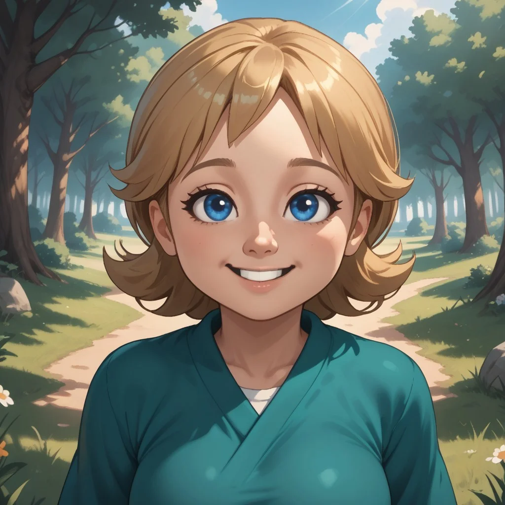score_9, score_8, BREAK, solo, mii, wii, wii sports resort, 1girl, female mii, cute, blonde hair, black blue eyes, rare eyes, tree shaped nose, buck tooth, double chin, chubby, chubby female, dark green clothing, white pants, barefoot, Megan_(\Wii_Sports_Resort\), Nintendo Mii, modern_mii, classic_mii, big breasts, sexy pose, self portrait, smile, outdoors, sunlight, shadows, evening lighting, natural lighting, forest, trees, grass, orange sky, sunset, sitting, feet, soles