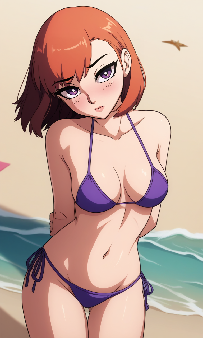 1girl, derpixonstyle, bikini, looking_at_viewer, beach, blush, head_tilt, arms_behind_back