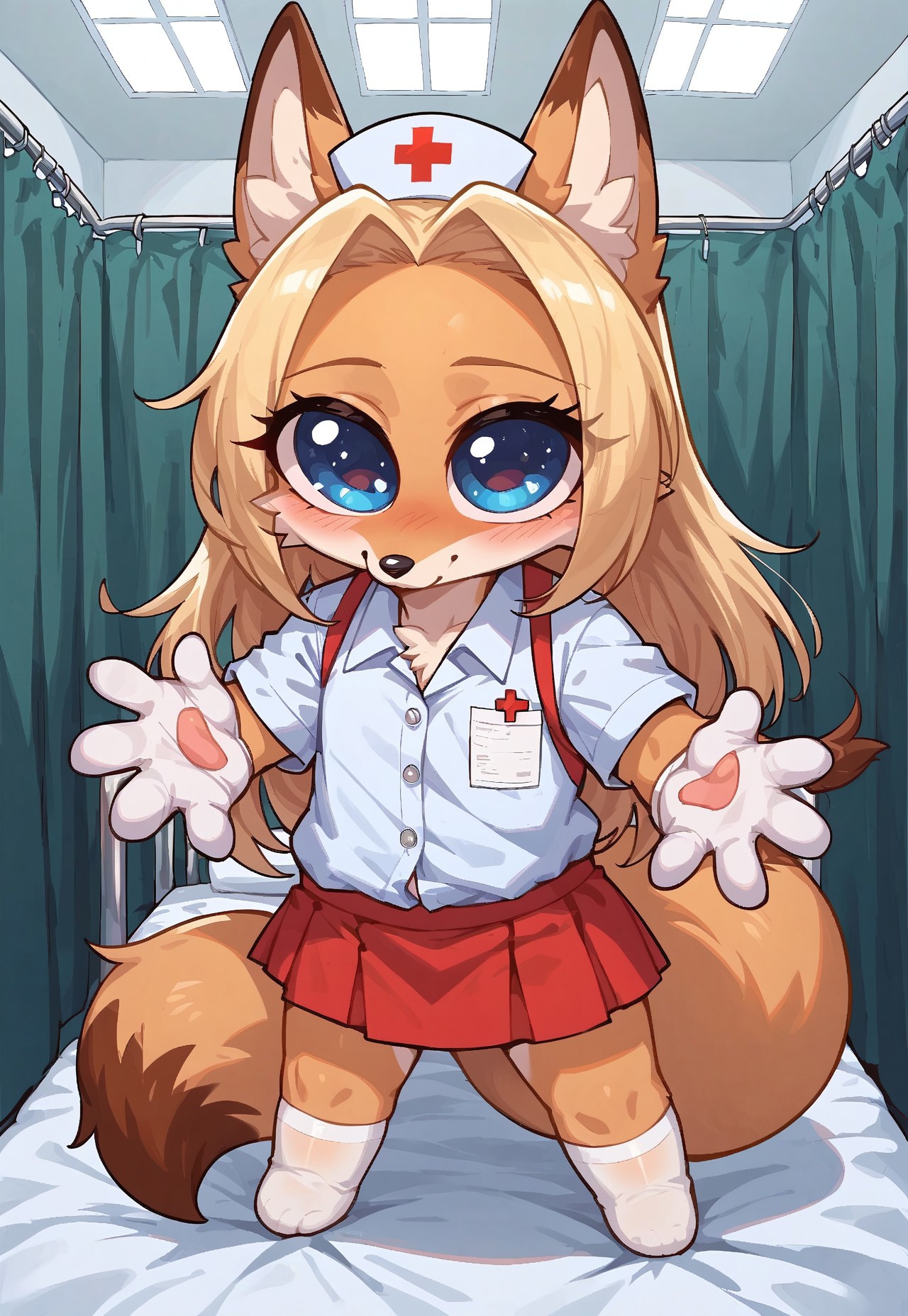 masterpiece, score_9_up, score_8_up, score_7_up, score_6_up, source_furry, (best quality:1.1), ultra-detailed, high resolution, highly detailed macro illustration, solo BREAK girly, anthro fox, (beautiful blue eyes), (big eyes), (Long eyelashes), Blonde long hair, black nose, slim, fox tail, (cute expression, cute face:1.2), medical clothing, nurse's cap, skirt, white socks, looking at viewer BREAK mikus-concept, full body, cute, chibi BREAK indoors, (in hospital), hospital bed, soft natural light BREAK Highly Visible, sharp focus, perfect lighting, anatomically correct, extremely detailed, high detail, Expressiveh, OverallDetail, zPDXL3