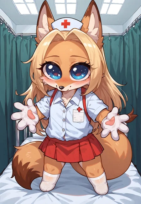 masterpiece, score_9_up, score_8_up, score_7_up, score_6_up, source_furry, (best quality:1.1), ultra-detailed, high resolution, highly detailed macro illustration, solo BREAK girly, anthro fox, (beautiful blue eyes), (big eyes), (Long eyelashes), Blonde long hair, black nose, slim, fox tail, (cute expression, cute face:1.2), medical clothing, nurse's cap, skirt, white socks, looking at viewer BREAK mikus-concept, full body, cute, chibi BREAK indoors, (in hospital), hospital bed, soft natural light BREAK Highly Visible, sharp focus, perfect lighting, anatomically correct, extremely detailed, high detail, Expressiveh, OverallDetail, zPDXL3