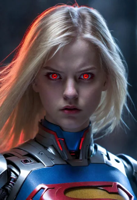 (masterpiece),
(robotic), red golowing eyes,
1girl, blonde , floating hair,
superman,
angry mood,
upper body shot,
HDR, highly detailed, 32k, trendind on artstation,