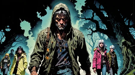 A rough-edged 21-year-old man in a worn dark gray thrift hoodie, faded black thermal, and torn jeans leads four rich teens into a dark November forest. He walks ahead, smirking. The teens trail behind: Olivia in a cream faux fur jacket and gold hoops; Zara in a neon pink puffer and rhinestone beanie; Brooke in a gray plaid trench with a platinum bob; Chase in an olive green designer parka and gold chain. Cold breath mists the air. Trees loom with unnatural angles. Horror comic graphic novel style, deep shadows, gritty linework.