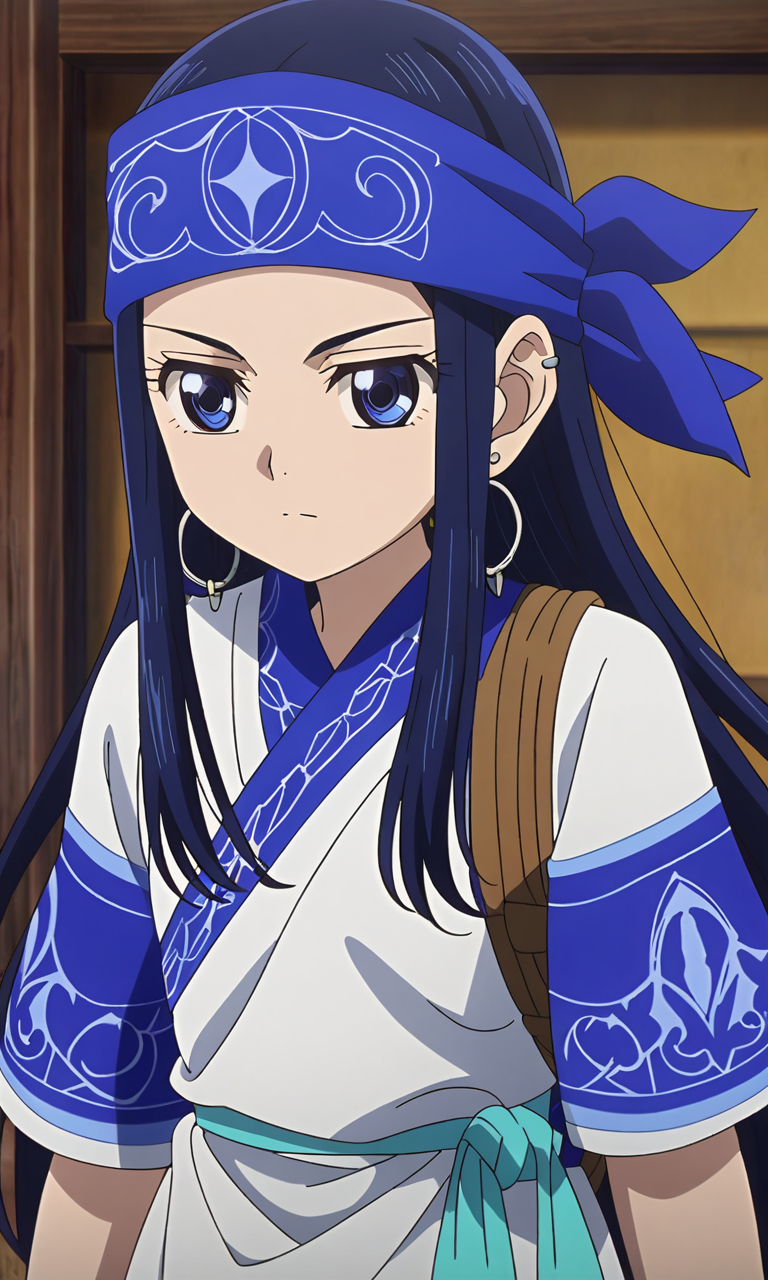anime artwork Asirpa, blue hair, blue eyes, long hair,blue bandana, ear piercing,petite,flat chested,masterpiece,best quality,8k highres,detailed . anime style, key visual, vibrant, studio anime, highly detailed