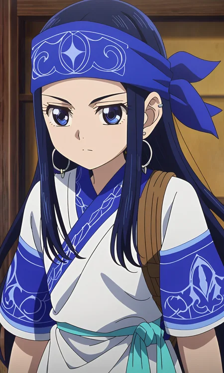 anime artwork Asirpa, blue hair, blue eyes, long hair,blue bandana, ear piercing,petite,flat chested,masterpiece,best quality,8k highres,detailed . anime style, key visual, vibrant, studio anime, highly detailed