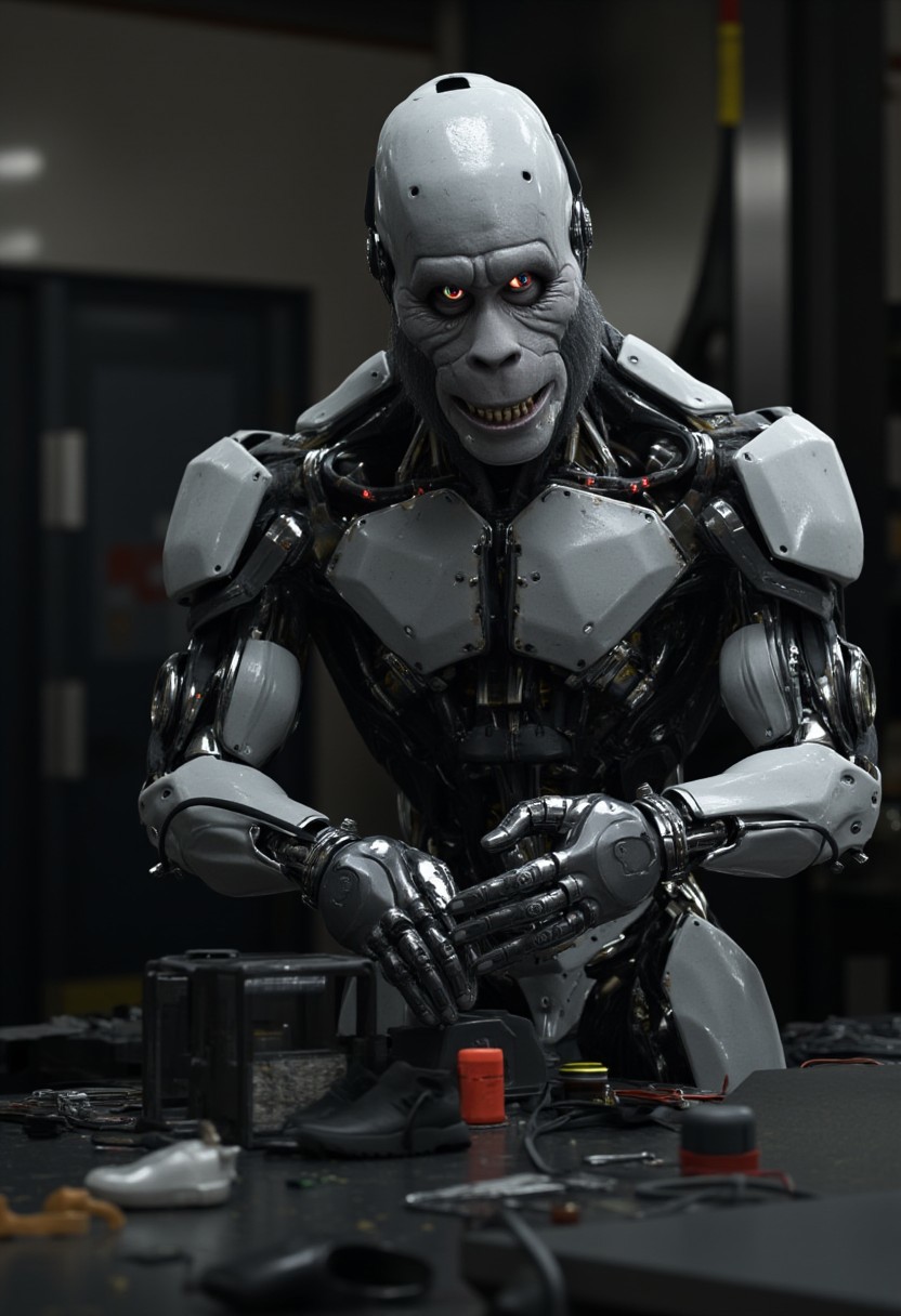 w1z_m4ch1n4, automated HarryBigfoot machine with matte aluminum finish. An automaton operating at the shoe factory production floor. Dark and gritty atmosphere