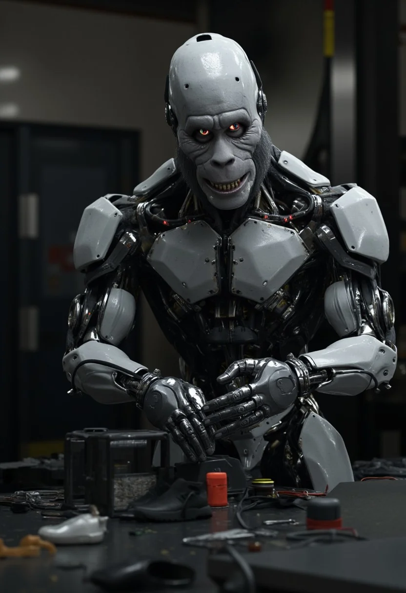 w1z_m4ch1n4, automated HarryBigfoot machine with matte aluminum finish. An automaton operating at the shoe factory production floor. Dark and gritty atmosphere