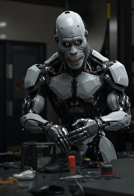 w1z_m4ch1n4, automated HarryBigfoot machine with matte aluminum finish. An automaton operating at the shoe factory production floor. Dark and gritty atmosphere