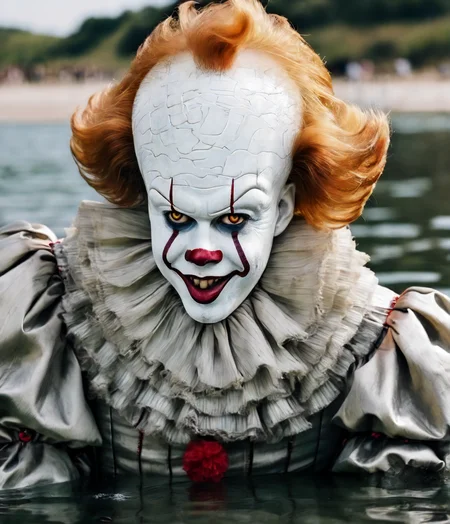 close up portrait of pennywise a creepy clown at the beach swimming in the water <lora:Pennywise:0.7> sunny day,