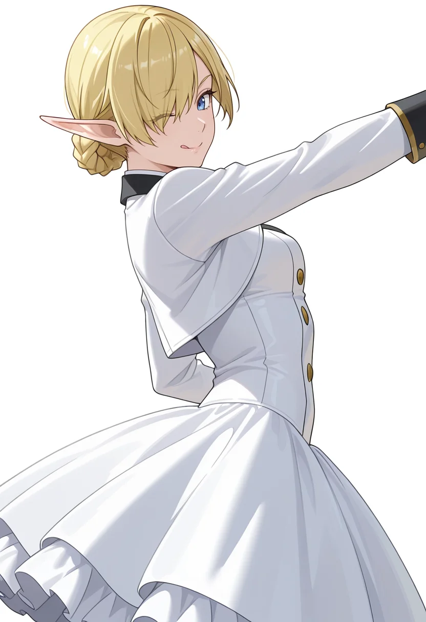 Smooth Quality,masterpiece,very intricate, high quality details, ultra realistic, high detailed skin,detailed enviorement,absurdres,
simple background, white background,
from side,dancing,
;q,solo,
<lora:Kagali_cnn:0.8> 1girl, short hair, blonde hair, blue eyes, pointy ears, braid, hair over one eye, elf,double-breasted jacket, ,shrug, ,balloon skirt, ,