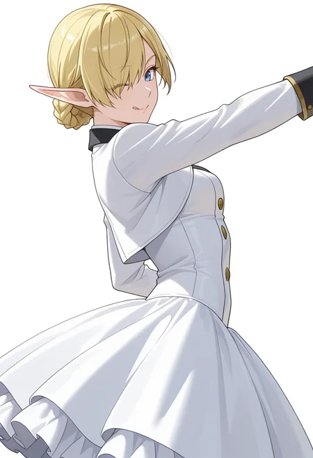 Smooth Quality,masterpiece,very intricate, high quality details, ultra realistic, high detailed skin,detailed enviorement,absurdres,
simple background, white background,
from side,dancing,
;q,solo,
<lora:Kagali_cnn:0.8> 1girl, short hair, blonde hair, blue eyes, pointy ears, braid, hair over one eye, elf,double-breasted jacket, ,shrug, ,balloon skirt, ,
