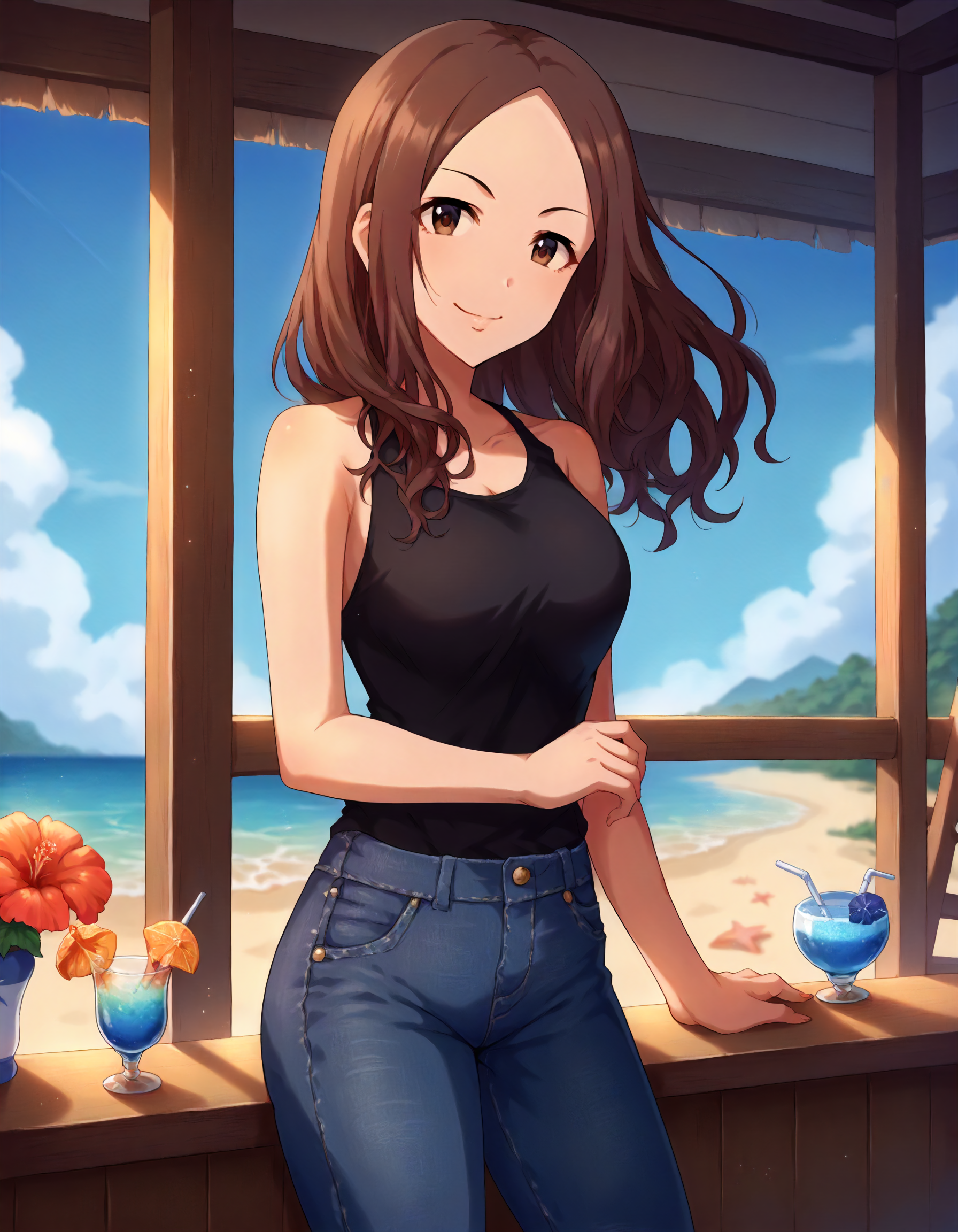 score_9,score_8_up,score_7_up,1girl,solo,cowboy shot,looking at viewer,smile,closed mouth,indoors,beach,
<lora:sawadamarina_ponyXLV6:0.8>,cgsmr,brown hair,long hair,brown eyes,
black shirt,bare shoulders,denim