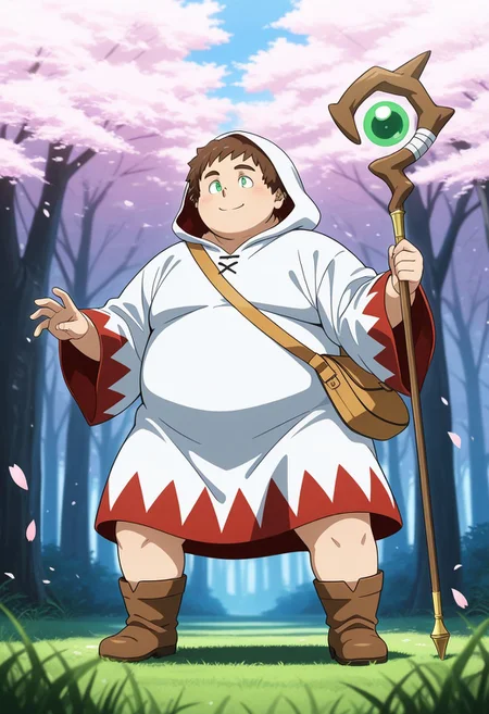 male, male focus, 1boy, solo,
BREAK chubby, masculine, large pectorals, moobs, broad shoulders, showing off chubby body, cherubic, bara,
BREAK fat, plump, fat face, round face, smiling and showing off chubby body,
BREAK brown hair, green eyes,
BREAK v-neck white mage robe with hood down,
BREAK brown boots, brown shoulder bag, holding a staff,
BREAK golden magic, magic swirling around feet, wind_lift,
BREAK standing, dynamic pose, casting magic stance, Expressive, cherry blossoms falling around character, forest background, standing on grass,
BREAK cinematic shot, masterpiece hi res, best quality, very detailed, highly detailed texture, score_9, score_8_up, score_7_up, score_6_up, anime coloring, detailed anime shading, eyeshd, anime eyes, anime hair,