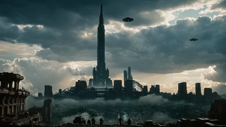 cinematic film still of <lora:add-detail-xl:1>0
<lora:detailed:0.3>
<lora:perfection style:0.3>
<lora:xl_more_art-full_v1:0.3>
<lora:halo style:0.9>
a city with a tower in the middle of it,outdoors,sky,cloud,signature,no humans,cloudy sky,scenery,silhouette,ruins , cinematic, filmic, dramatic light, sci fi, action themed, futuristic, halo style, shallow depth of field, vignette, highly detailed, high budget, bokeh, cinemascope, moody, epic, gorgeous, film grain, grainy