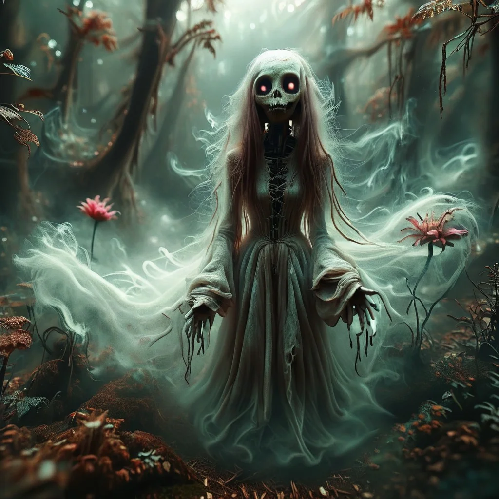 Detailed portrait of a ghostly female alien with slim body, big smile and long hair looking at viewer , alien forest background, forest swamp, with giant alien flowers, epic horror dream, fiery sky with multiple moons, detailed hyperrealism, 35mm photography, GhostlyStyle, flux-style, dynamic angle, vivid bright colours, alienailf, alienworld