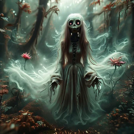 Detailed portrait of a ghostly female alien with slim body, big smile and long hair looking at viewer , alien forest background, forest swamp, with giant alien flowers, epic horror dream, fiery sky with multiple moons, detailed hyperrealism, 35mm photography, GhostlyStyle, flux-style, dynamic angle, vivid bright colours, alienailf, alienworld