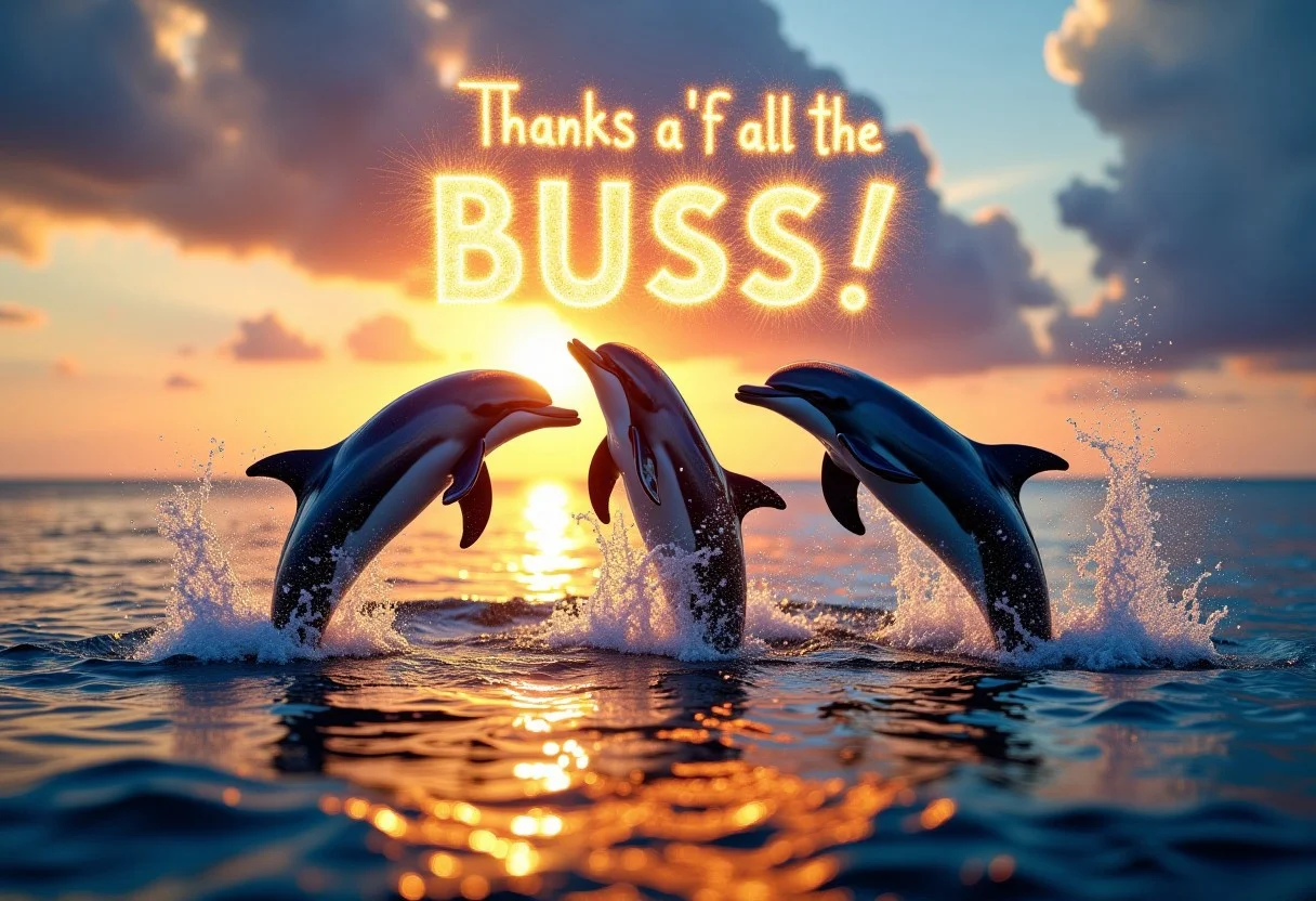 Dolphin's leaping out of the ocean and flying up into the sky, water glistening off the dolphin's, wet, sunset,
((sparkly letters in the sky over the dolphin's that spell out "Thanks for all the ((Buzz))!":1.5)),
high resolution, detailed, 4k, realism, rule of thirds, golden ratio, depth of field,