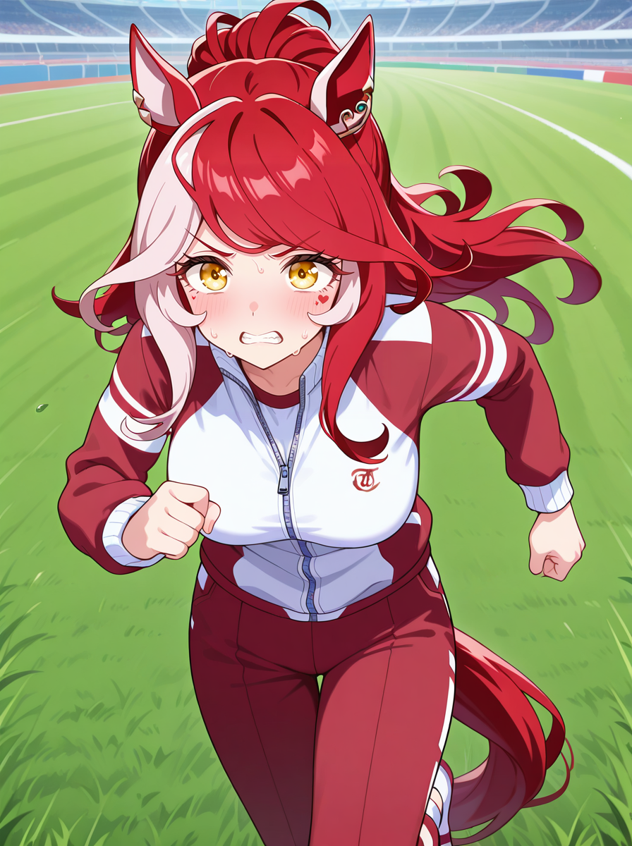 masterpiece, best quality, amazing quality, very aesthetic, absurdres, newest,shiny skin,, anime screenshot,  anime coloring, ,
 <lora:LovesOnlyYou:0.9>1girl, solo, animal ears, horse ears, , yellow eyes, horse girl, horse tail, , multicolored hair, red hair  heart tattoo, tracen training uniform , sweat,  clenched teeth,  red_pants long sleeves,  running,  race_field grass from side