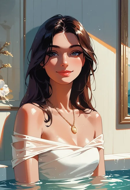 score_9, score_8_up, score_7_up, score_6_up, source_cartoon, 1girl, female, solo, femenine, petite, lean, pale skin,, soaking wet hair, smile, diaphonous white dress, bronze necklace, medium breasts, female focus, official style, close up, perfect anatomy, perfect face, standing, abstract beauty, beautiful, centered, looking at the camera, approaching perfection, dynamic, moonlight, highly detailed, watercolor painting, artstation, concept art, smooth, sharp focus, illustration, portrait