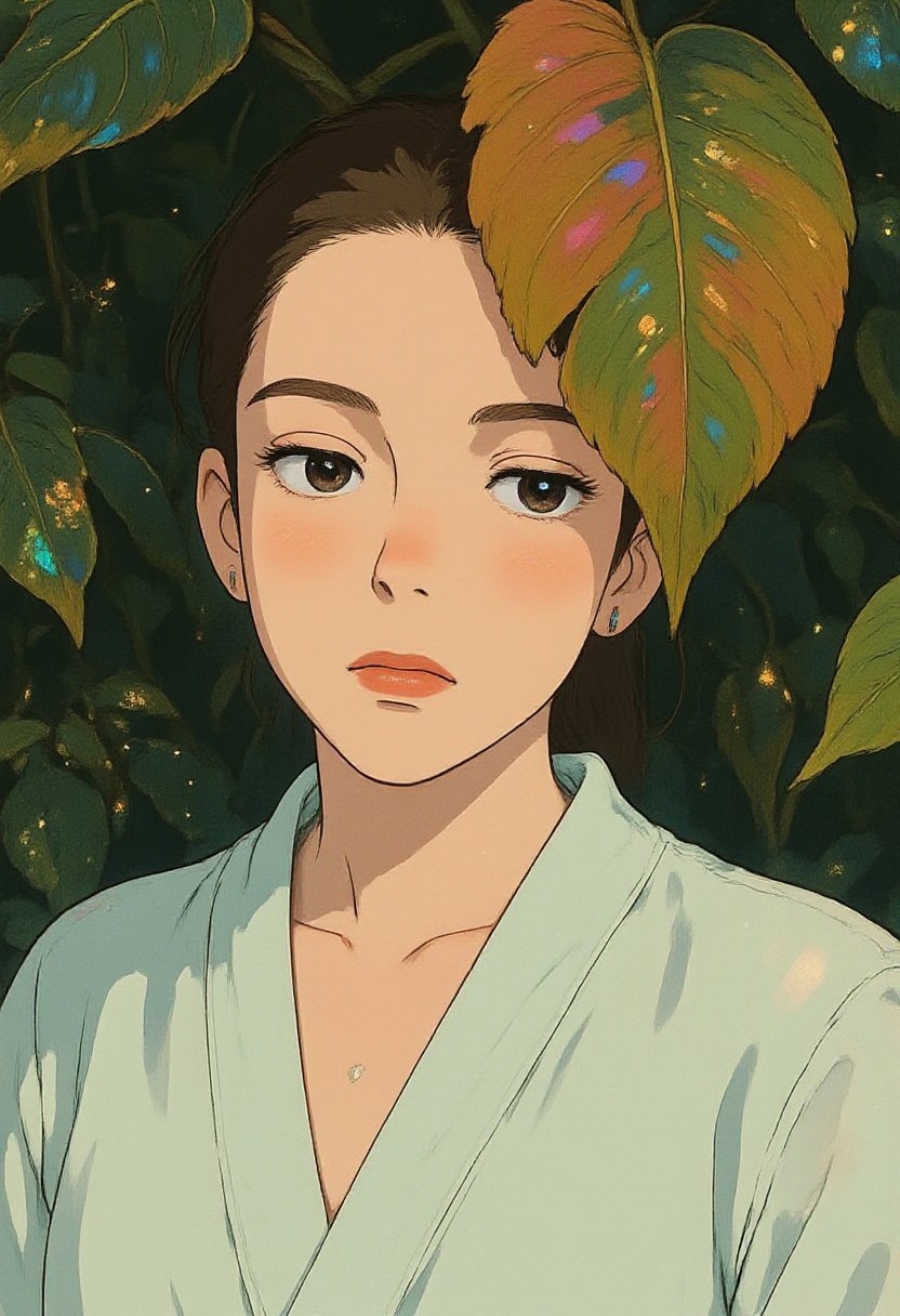 guy, pinkprismaticglow, 0utp0st style close-up of a young adult woman with a smooth, flawless complexion, partially shaded by a wide, vibrant coconut leaf that adds a touch of nature and intrigue. Her strong yet delicate facial structure is softened by gentle, diffused lighting, while her thoughtful gaze looks away, conveying serene introspection. She wears a light mint green robe that perfectly complements her skin tone, emanating a sense of calm and harmony. The background is a lush, immersive field of dark green leaves, each glistening with realistic water droplets that catch subtle highlights. Sparkling particles drift softly around her, enhancing the mystical, dreamlike quality of the scene and adding a sense of magic to the portrait.