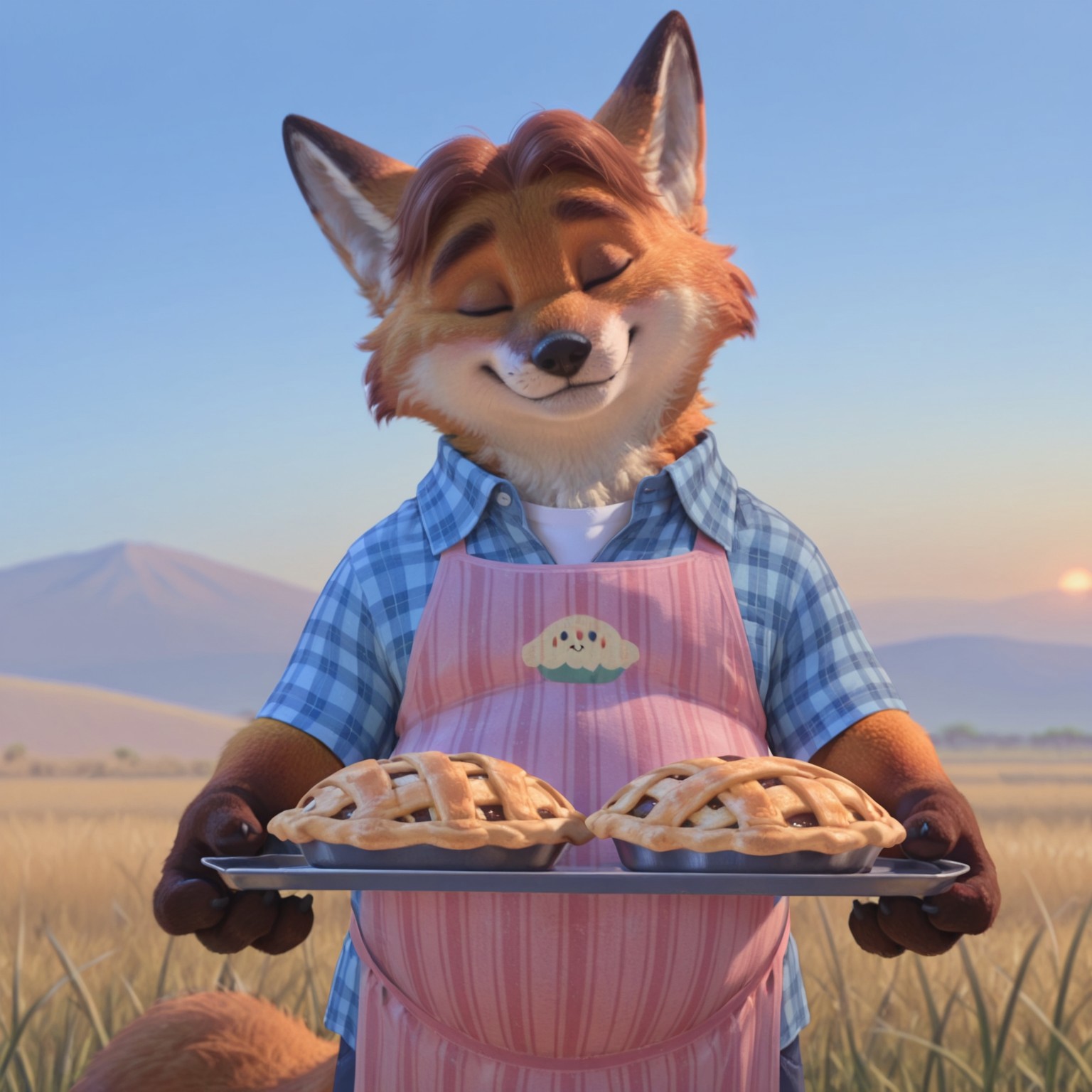 8k, uncensored, masterpiece, best quality, highly detailed, realistic, 1boy, solo, GideonZT, furry, anthro, canine, fox, brown hair, short hair, brown eyebrows, black nose, orange body, orange fur, fox tail, slightly chubby male, smile, closed mouth, white undershirt, blue shirt, checkered shirt, shirt collar, pink apron, dark-blue pants, upper body, (standing), grass, sunny, blue sky, afternoon, (looking at viewer, africa, sunset, grass, front view, detailed background, (4 fingers, black claws, pies, holding tray), head tilt, eyes closed, blushing